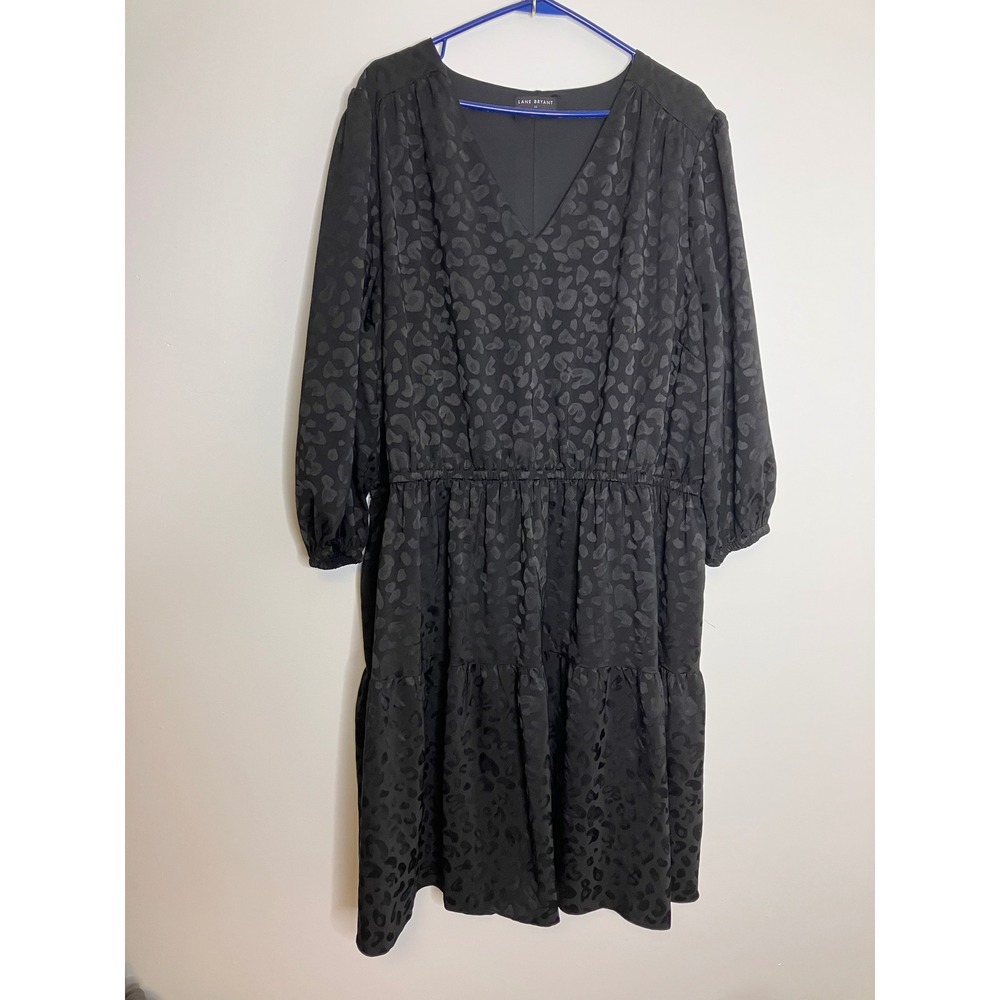Lane Bryant Midi Dress Womens 22 Black Excellent Leopard Jacquard Tiered V-Neck